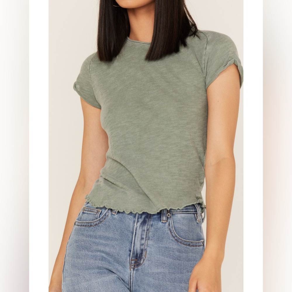 Free People We The Free Baby Tee Dusty Sage Green Raw Hem Fitted Slub Knit Top
